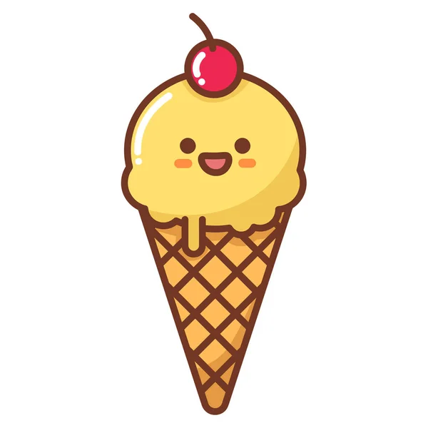 卡通片 卡威食品 冰淇淋 带有蜜桃或香草味的圆锥冰淇淋 装饰有樱桃 性格吉祥物 明信片 印在衣服或菜单上的图片 — 图库矢量图片