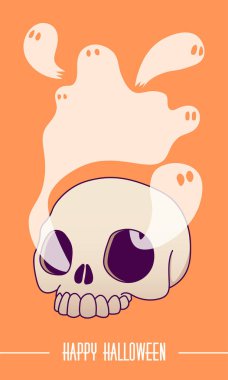 Vektör görüntüsü, kartpostal. Cadılar Bayramı 'nın temalı görüntüleri, Azizler Günü. Ölü bir kafa, iskelet, kafatası, duman veya göz çukurlarından buhar çıkan hayaletler. Yazı: 