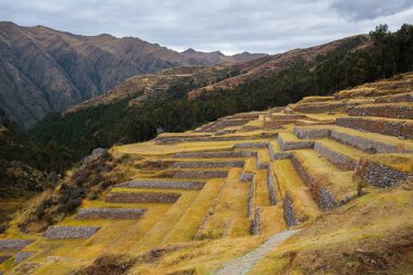 Teraslar Inca bina kalıntıları üzerine. Chinchero, Peru.