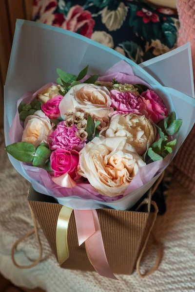 Самый Красивый Букет Цветов Анемона Розы Ranunculus Mattiola Тюльпан Эвкалипт — стоковое фото