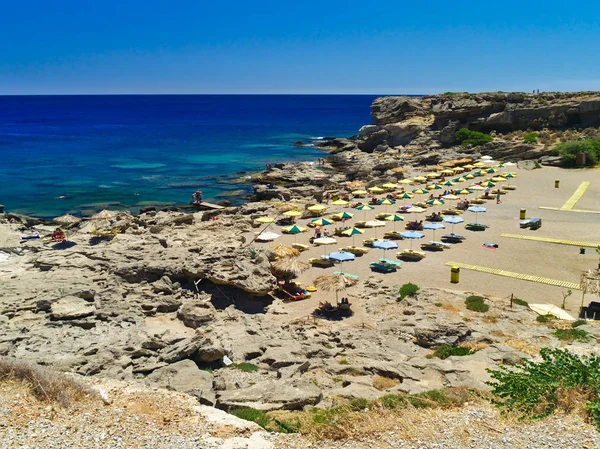 Vista Playa Kalithea Isla Rodas Grecia Día Verano Playa Con — Foto de Stock