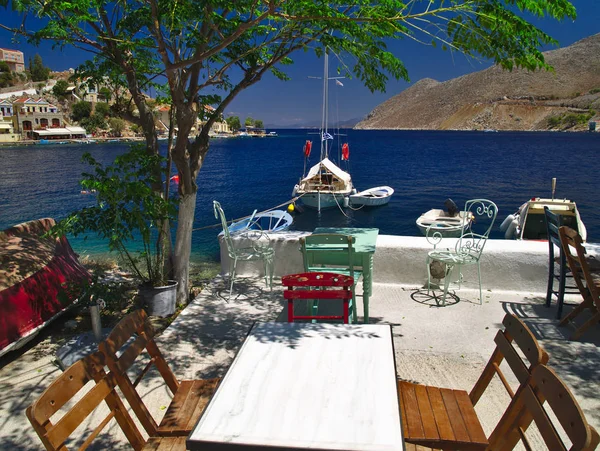 Plan Été Île Symi Grèce Vue Depuis Une Caffe Avec — Photo