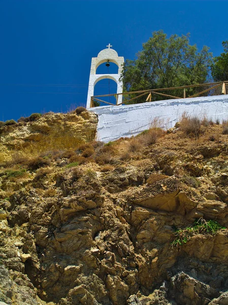 Campanario Isla Leros Grecia Panagia Kavouradena Ksirorokambos Azul Blanco Verde — Foto de Stock