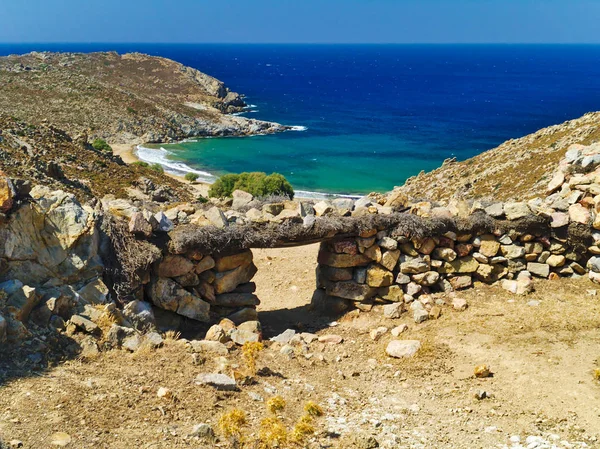 Beautiful greek summer sunny beach bay. View to aegean blue sea with awesome turquoise water. Island paradise. Psili Ammos Beach, Patmos Island, Dodecanese, Greece