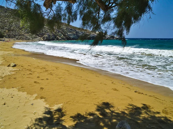 Hermosa Bahía Playa Soleada Verano Griego Vista Mar Azul Del — Foto de Stock