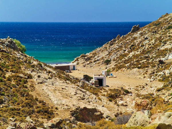 Beautiful greek summer sunny beach bay. View to aegean blue sea with awesome turquoise water. Island paradise. Psili Ammos Beach, Patmos Island, Dodecanese, Greece