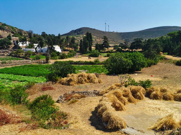 Patmos adası, Yunanistan kırsal sahne. Parlak bir yaz günü. Arka plan tepeüzerinde Aeolian enerji yel değirmenleri.