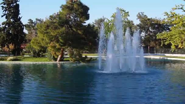 公园湖中的喷泉 湖边有树的小岛 希腊雅典菲拉德尔费亚斯 — 图库视频影像