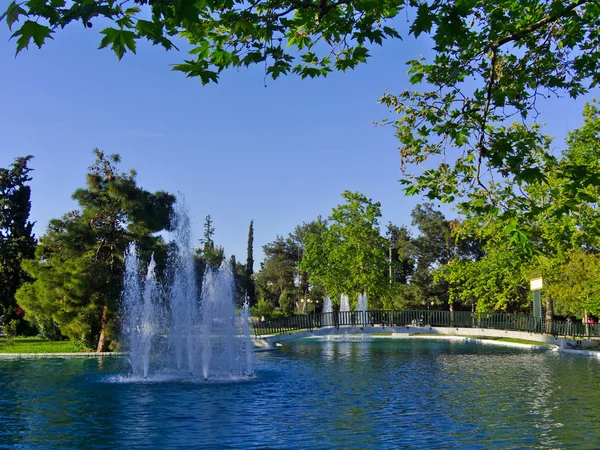 Çeşme ve küçük köprü bir park gölü içinde bir adaya giden. Alsos Filadelfeias, Atina, Yunanistan.