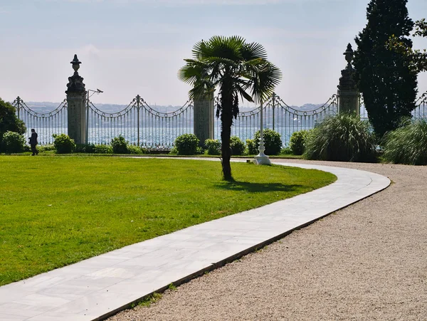 Man Kostym Walking Längs Krökt Bana Dolmabahce Palace Garden Istanbul — Stockfoto