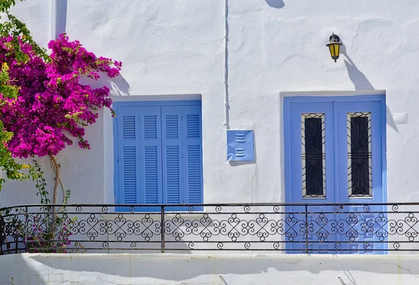 Mavi pencere ve kapı, canlı begonviller ve metal korkuluklar ile balkon ile güzel beyaz ev, Tinos adası, Yunanistan.