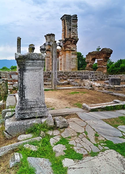 Script Kolom Basiliek Christelijke Tempel Ruïnes Oude Site Van Filipoi — Stockfoto