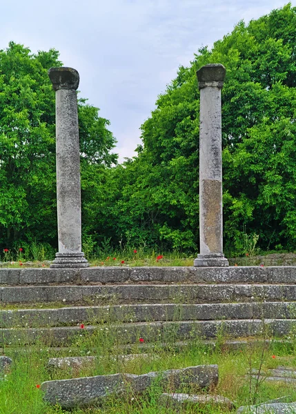 Pasos Dos Columnas Árboles Sitio Antiguo Filipoi Kavala Macedonia Grecia —  Fotos de Stock