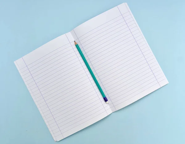 Isolated Open Blank Notebook Lined Papers Green Pencil Light Blue — Stock Photo, Image