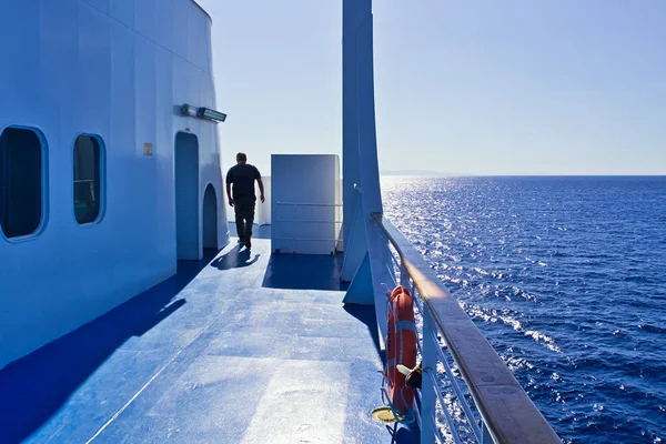 Man Walking Ship Ferry Deck Sunlight Sail Aegean Sea Greece — Stock Photo, Image