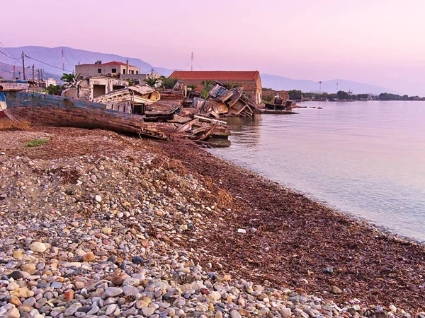 Embarcaciones Madera Destruidas Costa Del Área Kontari Isla Chios Grecia — Foto de Stock