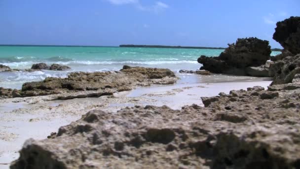 Пляжные скалы и чистый Голубой океан — стоковое видео