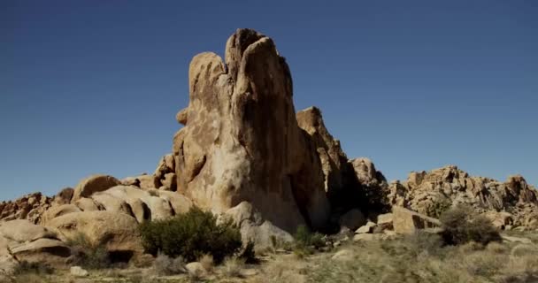 Traveling shot of several big groups of desertic rocks and plants — Stock Video