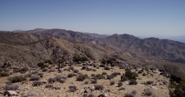Panning tiro indo para a direita da cena deserta com montanhas e arbustos — Vídeo de Stock