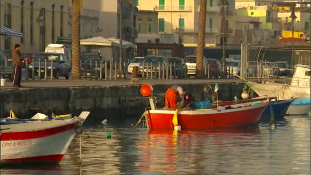 Ευρύ πλάνο που δείχνει το λιμάνι της πόλης Matera Ιταλίας με βάρκες και ψαράδες στο νερό — Αρχείο Βίντεο