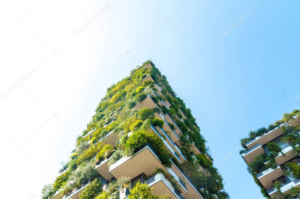 Bottom view of the Bosco Verticale building in Milan, Italy