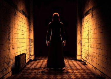 Kadın ürkütücü kirli koridorda. 3D render