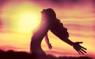 Özgürlük kavramı. Gökyüzü güzellik kız. 3D çizim