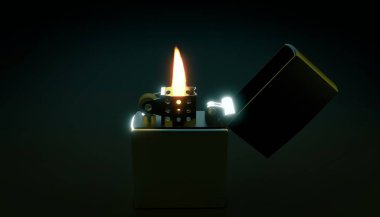 Lighter burning in darkness. 3d render clipart
