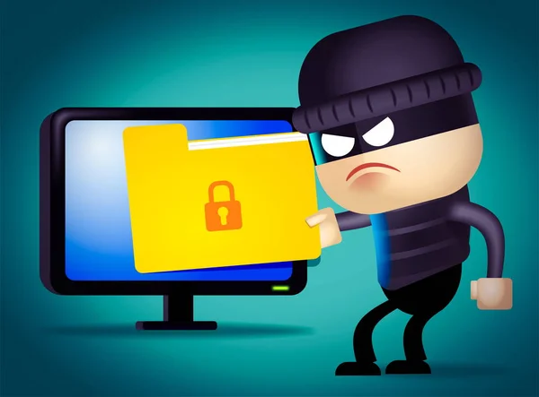 Man stealing confidential file from computer 2d illustration