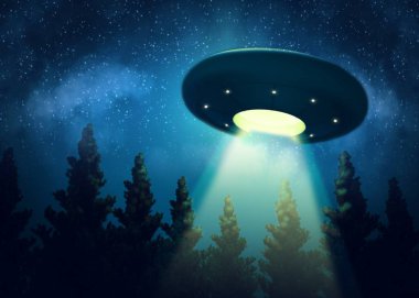 UFO ağaçların üzerinden hovering. Dijital 3d render mix boyama