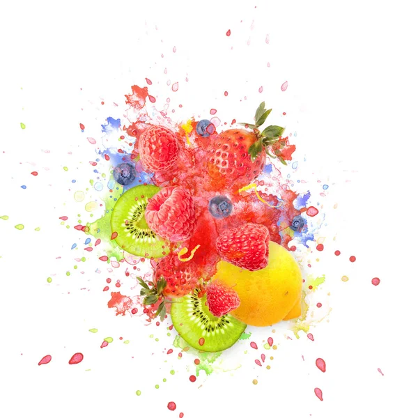 Artfully and lovingly designed fruit explosion with raspberries, blackberries, strawberries, kiwis, lemon and water splashes in the background — Stock Photo, Image