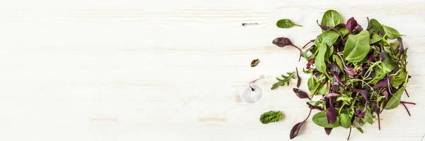 Våren detox sallad mix med rucola, rödbetor, spenat och groddar på ljusa träskiva över vit bakgrund, ovanifrån. Banner — Stockfoto