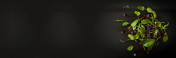 Bahar Detoks roka, kırmızı pancar, ıspanak ve siyah arka plan, üstten görünüm üzerinde koyu ahşap tahta üzerinde lahanası ile salata karıştırın. Afiş