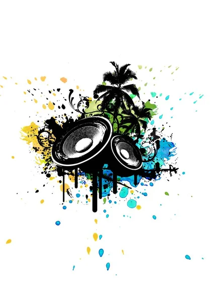 Grunge Party Box in Stereo poster with palms and watercolor splashing in the background — Stock Vector