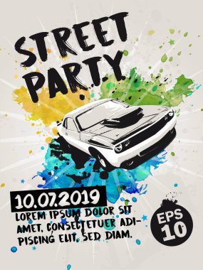 Street party poster with muscle car and transparent watercolor splashes in the background. Vector illustration. clipart