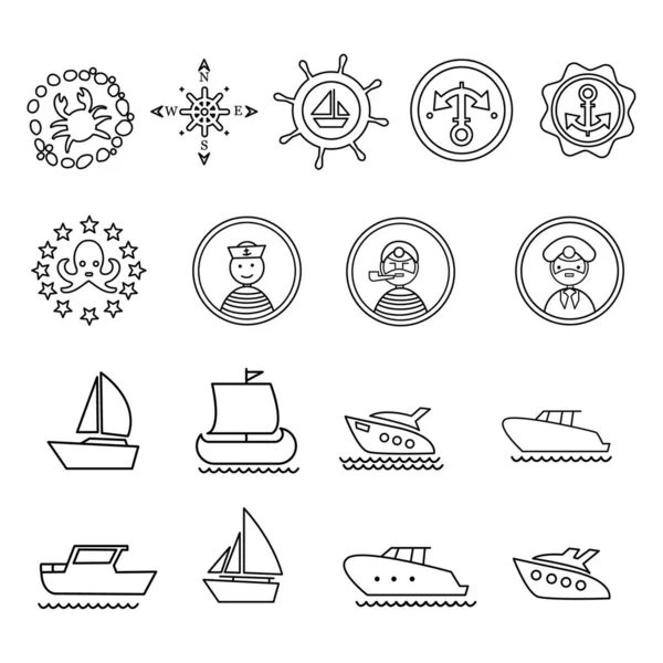 Iconos Del Mar Barco Océano Blanco Negro — Vector de stock