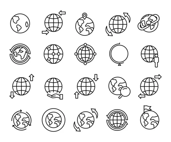 Planeta Globo Terráqueo Con Mapa Continentes Iconos Mundiales Set Pack — Vector de stock