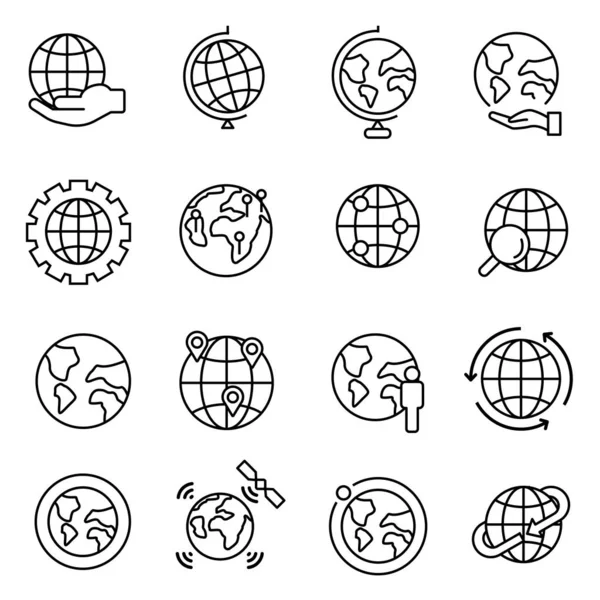 Planeta Globo Terráqueo Con Mapa Continentes Iconos Mundiales Set Pack — Vector de stock