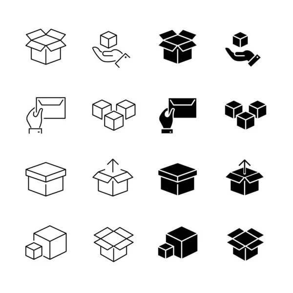 Paquetes Cajas Correo Papel Entrega Iconos Postales Conjunto Blanco Negro — Vector de stock
