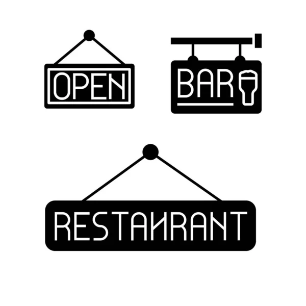 Bar Restaurant Open Icons Black White Set Pack — Stock Vector