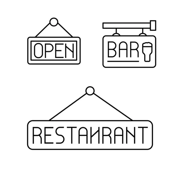 Бар Ресторан Открыт Иконы Черно Белый Набор Пакет — стоковый вектор