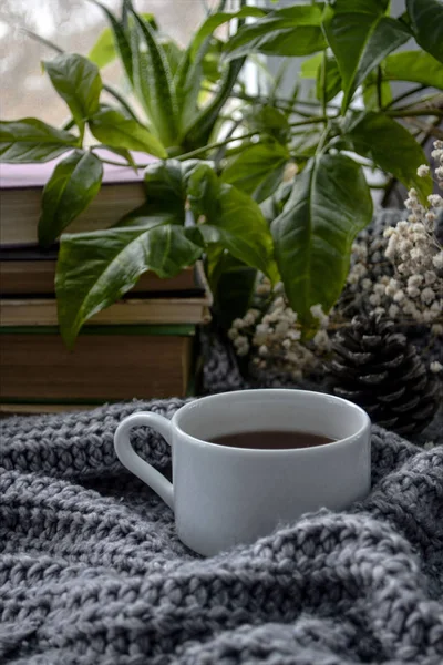 Kahve Sıcak Bir Battaniye Çiçek Ile Ilgili Kitaplar — Stok fotoğraf