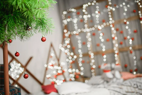 New Year's interior. with red balls. screensaver on the background. Christmas blank — Stock Photo, Image