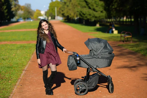 Giovane madre con un passeggino. famiglia, bambino e il concetto di genitorialità - madre felice cammina con un passeggino nel parco . — Foto Stock