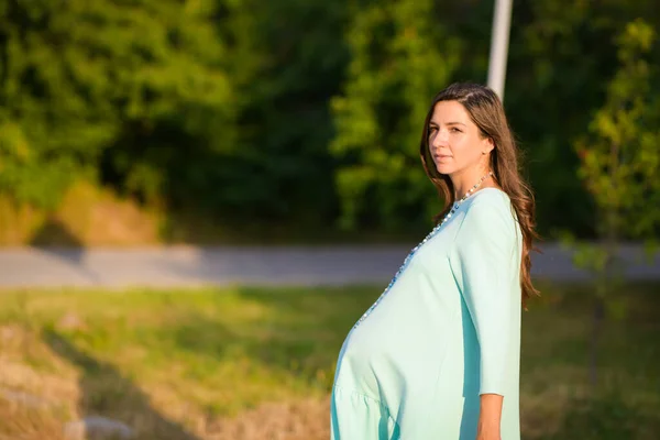 As mulheres grávidas caminham na natureza. Retrato de uma jovem grávida ao ar livre em um dia quente — Fotografia de Stock