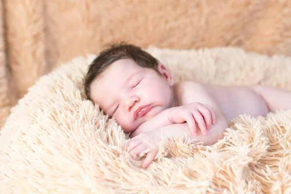Vauva nukkuu peiton päällä. Nukkuva vastasyntynyt poika beige huopa — kuvapankkivalokuva