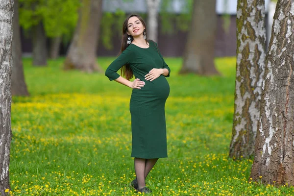 Портрет красивой беременной брюнетки. Молодая красивая беременная женщина с длинными темными волосами . — стоковое фото