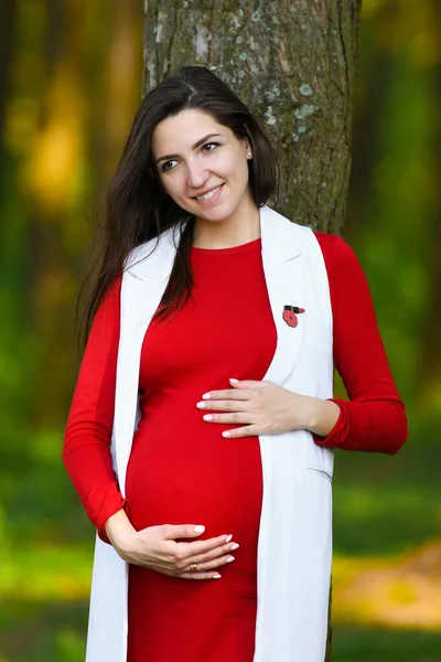 穿着红色衣服的怀孕女孩。 开花结果的春天公园里穿着红色衣服的漂亮孕妇的画像 — 图库照片