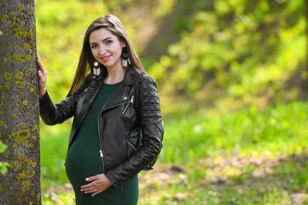 임신 한 아름다운 갈색 머리의 사진. 길고 검은 머리카락을 가진 아름다운 임신 한 젊은 여성. — 스톡 사진