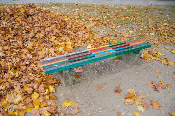Autumn colorful street bench, bench. Bench near the street on a sunny autumn day. Fall has come. — Stock Photo, Image